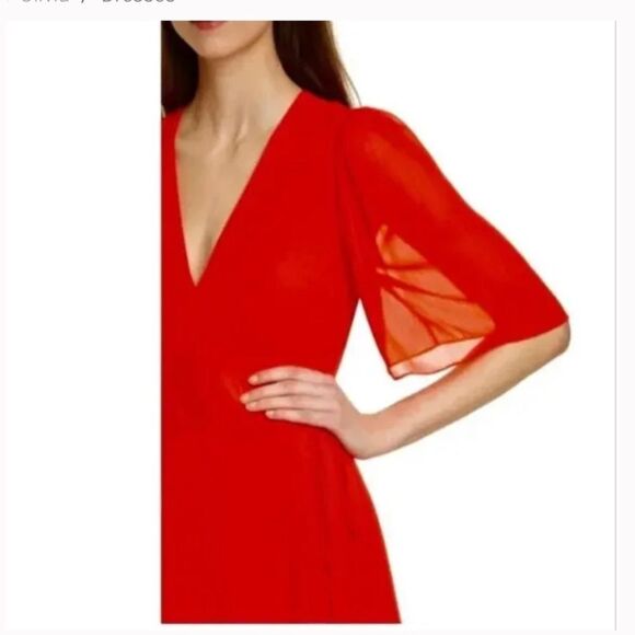 Alice + Olivia Suri True Wrap Midi Dress Red Size 2 Sheer Sleeves - Picture 4 of 14